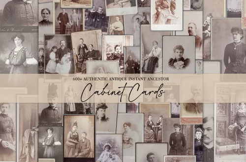 A collage of vintage cabinet card photographs featuring men, women, and children in old-fashioned clothing, with the text “600+ Authentic Antique Instant Ancestor Cabinet Cards” overlaid across the center.