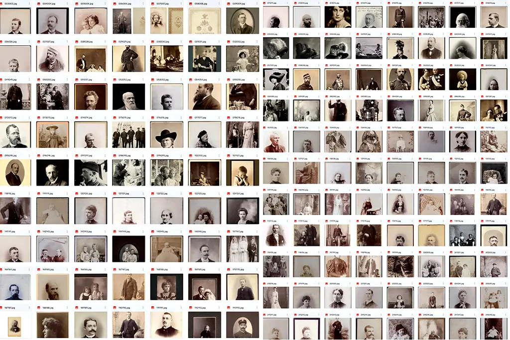 A grid of numerous sepia and black-and-white historical portrait photographs, each image featuring one or more individuals in 19th-century clothing, with visible file names and icons above each photo.