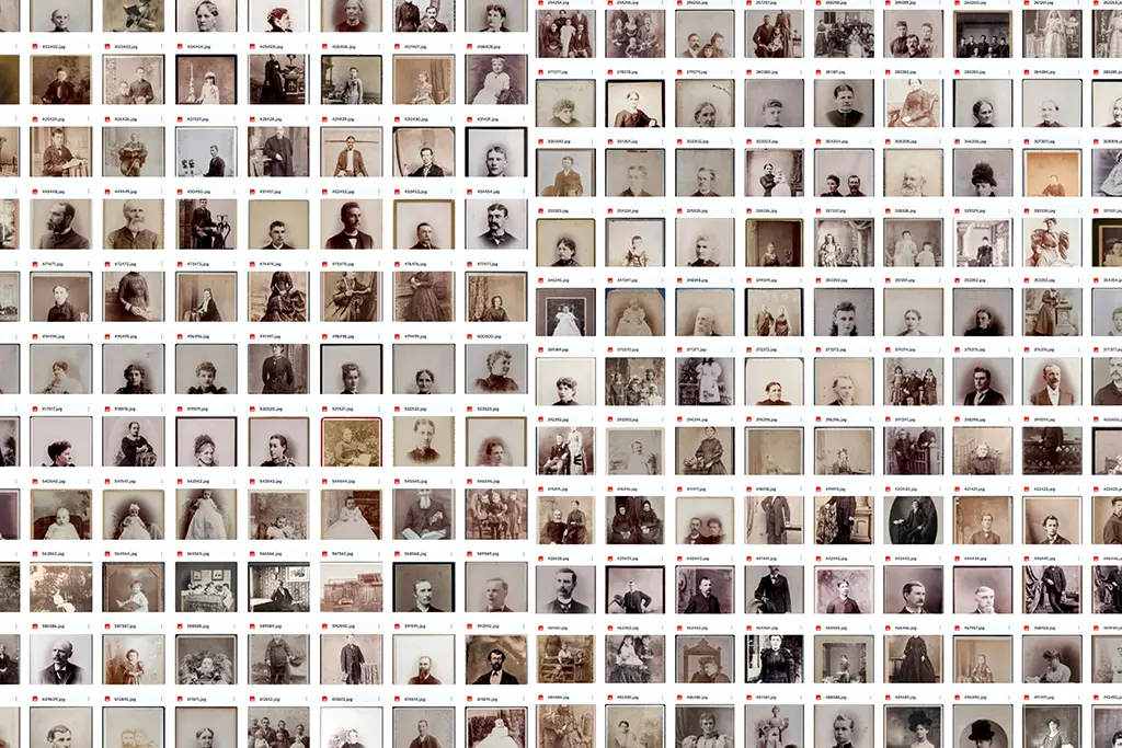 A collage of numerous sepia-toned vintage portrait photographs, each featuring an individual from the late 19th or early 20th century, arranged in a grid pattern with small icons and text beneath each photo.