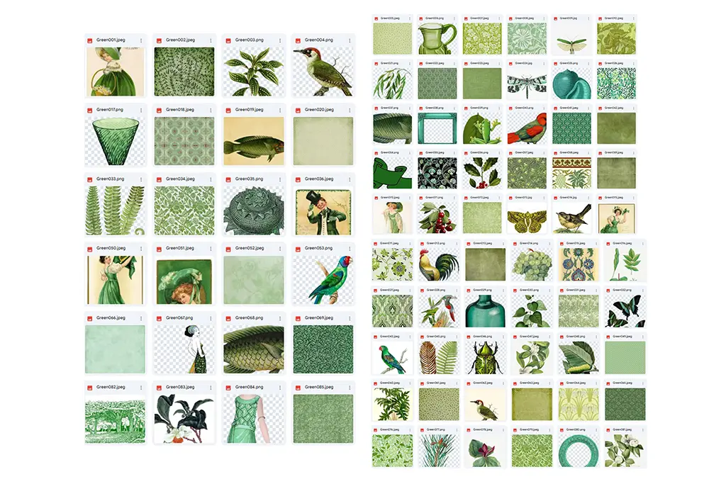 A grid of various images, mostly in green hues, including patterns, textures, birds, plants, butterflies, vintage objects, and fashion illustrations arranged in rows and columns on a white background.