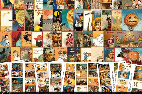 A collage of 100 vintage Victorian Halloween cards featuring illustrations of jack-o'-lanterns, witches, children in costumes, black cats, and various Halloween scenes. The bottom section includes 10 free collage sheets with a similar theme. Text reads "100 Victorian Halloween Cards plus 10 Free Collage Sheets.