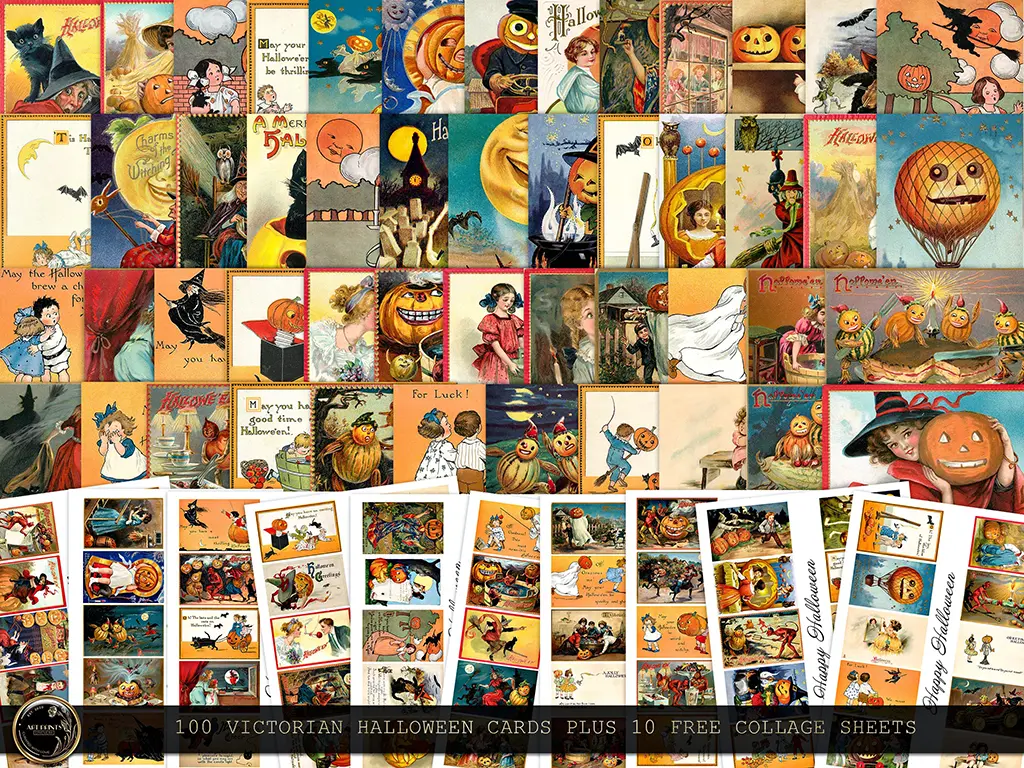 A collage of 100 vintage Victorian Halloween cards featuring illustrations of jack-o'-lanterns, witches, children in costumes, black cats, and various Halloween scenes. The bottom section includes 10 free collage sheets with a similar theme. Text reads "100 Victorian Halloween Cards plus 10 Free Collage Sheets.