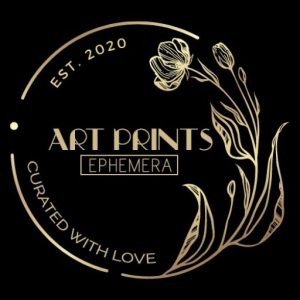 A logo on a black background featuring minimalist gold line art of a flower. The text reads "ART PRINTS EPHEMERA" in the center, with "EST. 2020" at the top and "CURATED WITH LOVE" at the bottom, all within a partial circular border, epitomizing elegance in art prints.