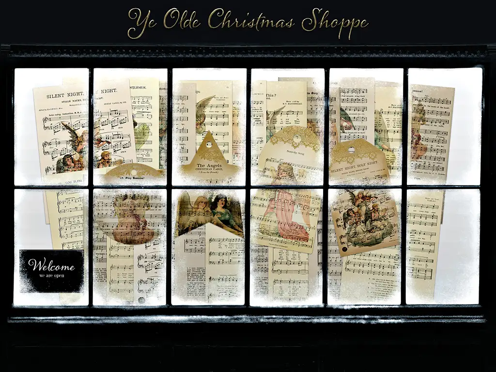 A display from "Ye Olde Christmas Shoppe" featuring Victorian Christmas music sheets adorned with Christmas-themed illustrations on each panel, viewed through a multi-pane window.