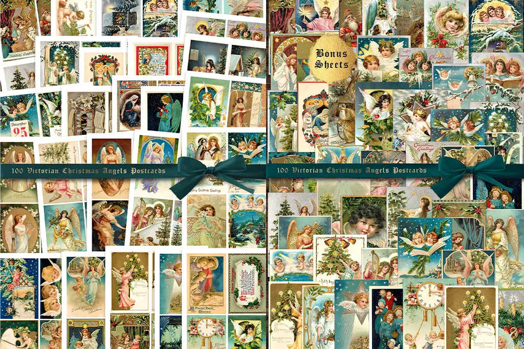 A collection of 100 Victorian Christmas cards beautifully arranged with a decorative bow