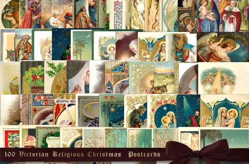 A collage of 100 Victorian Religious Christmas Cards featuring angels, nativity scenes, and Biblical figures, arranged in a grid and bounded by a ribbon with a bow, suggesting a gift.