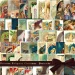 A collage of 100 Victorian Religious Christmas Cards featuring angels, nativity scenes, and Biblical figures, arranged in a grid and bounded by a ribbon with a bow, suggesting a gift.