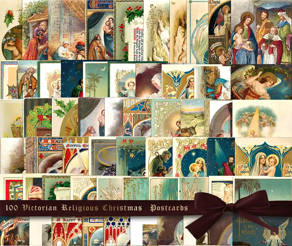 A collage of 100 Victorian Religious Christmas Cards featuring angels, nativity scenes, and Biblical figures, arranged in a grid and bounded by a ribbon with a bow, suggesting a gift.