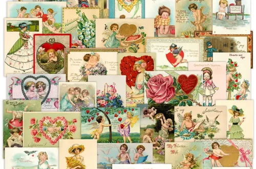 A collage featuring 100 vintage Valentine cards with various romantic and whimsical designs, including cherubs, roses, hearts, flowers, and couples. The text "100 Valentine Cards FREE" is in a golden circle at the top left.