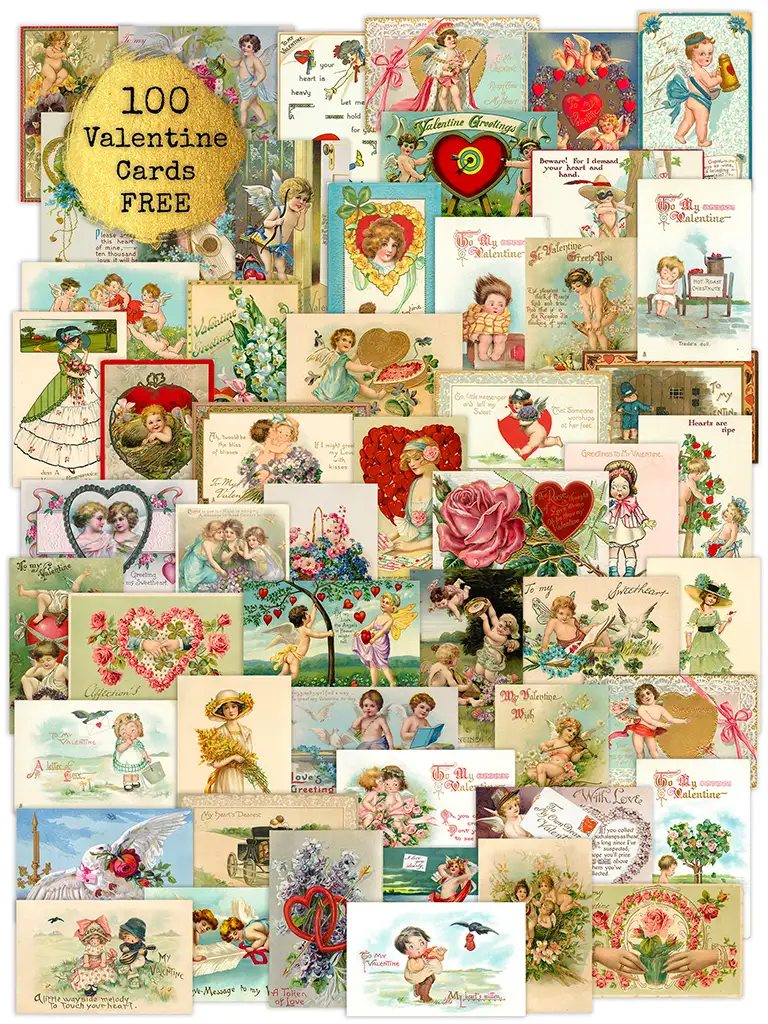 A collage featuring 100 vintage Valentine cards with various romantic and whimsical designs, including cherubs, roses, hearts, flowers, and couples. The text "100 Valentine Cards FREE" is in a golden circle at the top left.
