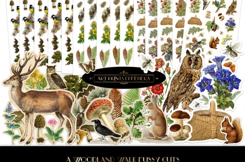 A collection of nature-themed fussy cuts featuring various woodland elements such as deer, owls, mushrooms, flowers, leaves, acorns, butterflies, and a basket. The assortment is arranged in rows against a white background with a label reading "A Woodland Walk Fussy Cuts.