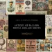 A collage of vintage hot air balloon-themed posters and illustrations surrounds a central black box with the text, "Eight A4 Pages of Antique Air Balloon Digital Collage Sheets." The ephemera posters depict various hot air balloons and airship-related scenes and advertisements.