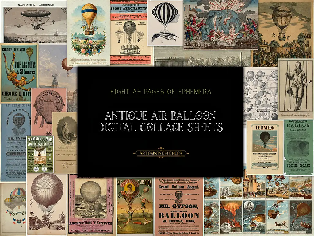 A collage of vintage hot air balloon-themed posters and illustrations surrounds a central black box with the text, "Eight A4 Pages of Antique Air Balloon Digital Collage Sheets." The ephemera posters depict various hot air balloons and airship-related scenes and advertisements.