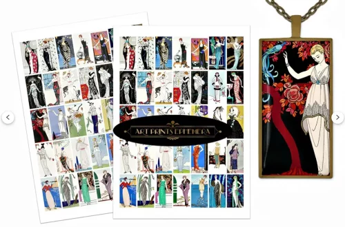 Two sheets with multiple art prints showcasing various fashion illustrations of women in vintage clothing styles, titled "Art Prints Ephemera," are displayed next to a pendant featuring an illustration of a woman in a white dress with a vibrant red floral background.