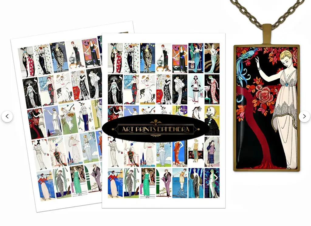 Two sheets with multiple art prints showcasing various fashion illustrations of women in vintage clothing styles, titled "Art Prints Ephemera," are displayed next to a pendant featuring an illustration of a woman in a white dress with a vibrant red floral background.