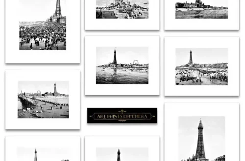 A collage of nine black-and-white photographs depicting various historical views of the Eiffel Tower and the surrounding areas. Each photo shows different perspectives and moments in time, capturing crowds, landscape changes, and architectural details of the iconic landmark.