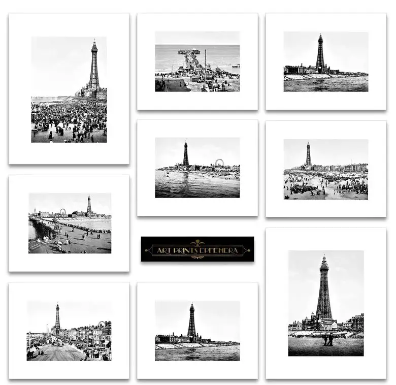 A collage of nine black-and-white photographs depicting various historical views of the Eiffel Tower and the surrounding areas. Each photo shows different perspectives and moments in time, capturing crowds, landscape changes, and architectural details of the iconic landmark.