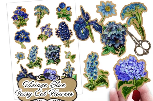 A collage of vintage blue fussy cut flower stickers, including various designs like pansies and hydrangeas, displayed beside scissors and a hand.
