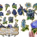 A collage of vintage blue fussy cut flower stickers, including various designs like pansies and hydrangeas, displayed beside scissors and a hand.