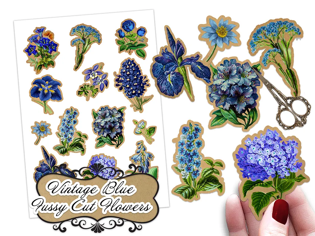 A collage of vintage blue fussy cut flower stickers, including various designs like pansies and hydrangeas, displayed beside scissors and a hand.