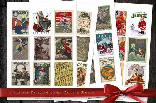 A set of three sheets featuring a collage of vintage Christmas magazine covers. Each sheet showcases a variety of festive and nostalgic illustrations, including Santa Claus, children, and holiday scenes. The sheets are labeled "Antique Christmas Magazine Cover Collage Sheets" and tied with a red ribbon.