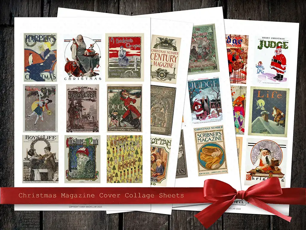 A set of three sheets featuring a collage of vintage Christmas magazine covers. Each sheet showcases a variety of festive and nostalgic illustrations, including Santa Claus, children, and holiday scenes. The sheets are labeled "Antique Christmas Magazine Cover Collage Sheets" and tied with a red ribbon.