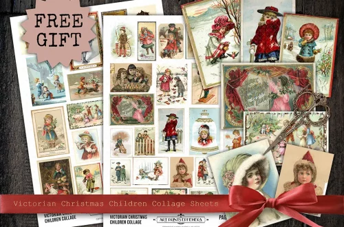 A collection of Victorian Christmas collage sheets with images of snow children and festive elements on a wooden background. The sheets are adorned with a red ribbon