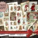 A collection of Victorian Christmas collage sheets with images of snow children and festive elements on a wooden background. The sheets are adorned with a red ribbon