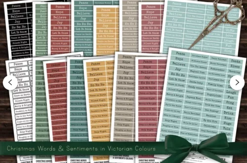 An image displaying collections of Christmas-themed printables. These labels showcase various Christmas sentiments like "Peace," "Joy," and "Believe" in different Victorian colors, arranged behind a pair of ornate scissors with a green ribbon.