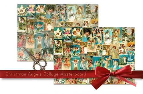 A collage of Victorian Christmas angel illustrations arranged on a board, featuring scenes of angels, nature, and festive details, bound with a red bow at the bottom right.