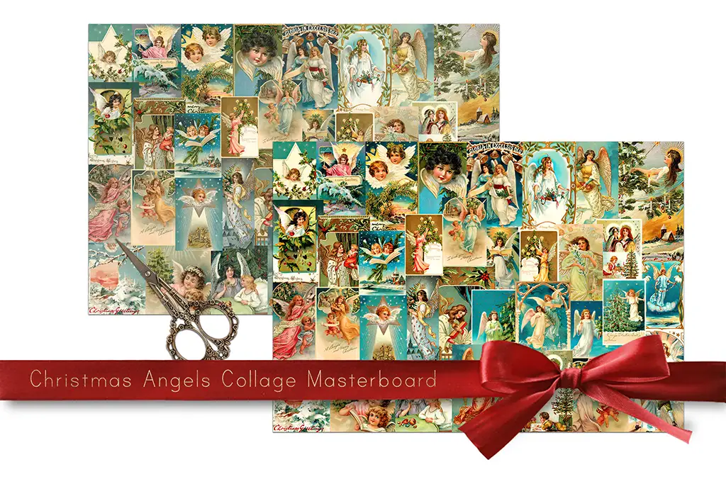 A collage of Victorian Christmas angel illustrations arranged on a board, featuring scenes of angels, nature, and festive details, bound with a red bow at the bottom right.