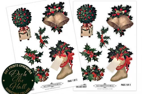 Two sheets of Victorian Christmas-themed ephemera for collage, featuring vintage bells adorned with ribbons and holly, ready for craft projects. Each page includes multiple decorative elements with a festive design.