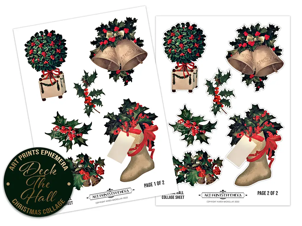 Two sheets of Victorian Christmas-themed ephemera for collage, featuring vintage bells adorned with ribbons and holly, ready for craft projects. Each page includes multiple decorative elements with a festive design.