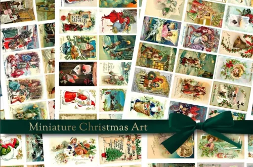 A collage of various Victorian Christmas card-style miniature images, featuring festive scenes and characters, adorned with a green bow captioned "Miniature Christmas Art.