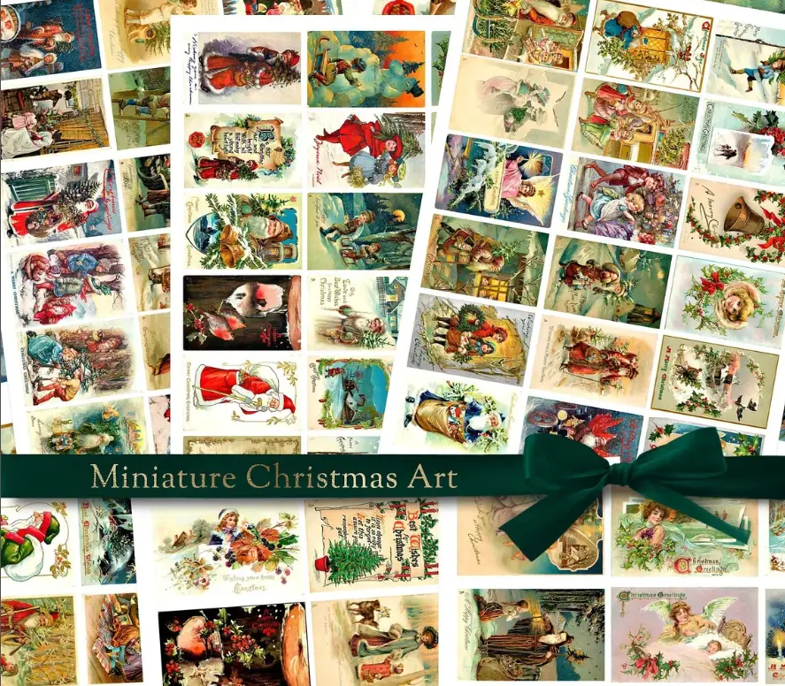 A collage of various Victorian Christmas card-style miniature images, featuring festive scenes and characters, adorned with a green bow captioned "Miniature Christmas Art.