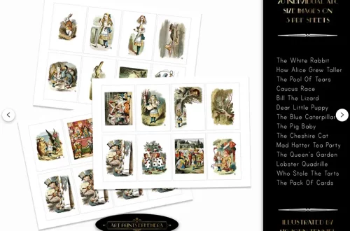 A collection of illustrated stamps themed around "Alice's Adventures in Wonderland." The stamps feature various characters and scenes from the book. The text on the right lists notable characters such as the White Rabbit, Alice, and the Cheshire Cat.