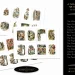 A collection of illustrated stamps themed around "Alice's Adventures in Wonderland." The stamps feature various characters and scenes from the book. The text on the right lists notable characters such as the White Rabbit, Alice, and the Cheshire Cat.