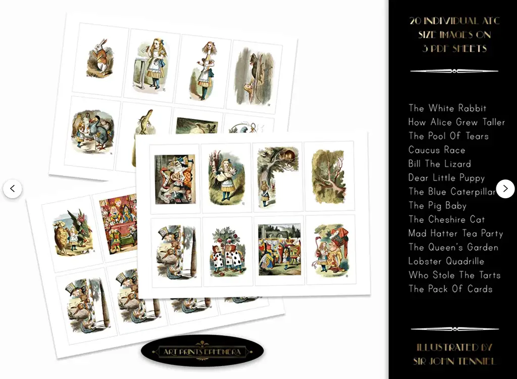 A collection of illustrated stamps themed around "Alice's Adventures in Wonderland." The stamps feature various characters and scenes from the book. The text on the right lists notable characters such as the White Rabbit, Alice, and the Cheshire Cat.