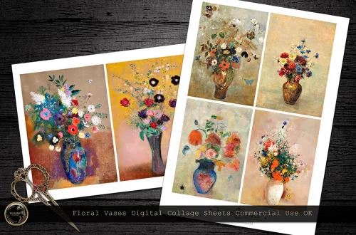 An image showing two sheets of digital collage designs featuring vibrant floral vases reminiscent of Odilon Redon's artistry. The sheets are placed on a dark surface, with ornate scissors .The text reads "Floral Vases Digital Collage Sheets Commercial Use OK".