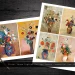 An image showing two sheets of digital collage designs featuring vibrant floral vases reminiscent of Odilon Redon's artistry. The sheets are placed on a dark surface, with ornate scissors .The text reads "Floral Vases Digital Collage Sheets Commercial Use OK".