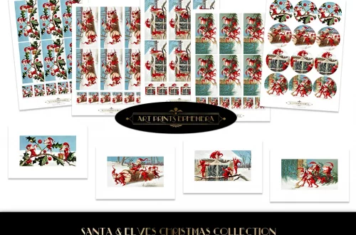 A collection of various Victorian Christmas Santa and elves themed printed materials arranged symmetrically, including cards, tags, and sticker sheets, displayed on a white background, entitled "Santa & Elves Christmas Collection.