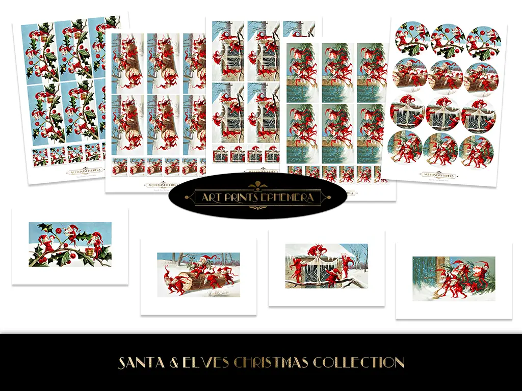 A collection of various Victorian Christmas Santa and elves themed printed materials arranged symmetrically, including cards, tags, and sticker sheets, displayed on a white background, entitled "Santa & Elves Christmas Collection.