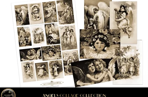 A sepia collage sheet featuring a collection of black-and-white vintage illustrations of angels in various poses and settings. Some images depict angels with children, while others show angelic figures alone. The overall theme is classic and celestial. Text at the bottom reads "Vintage Angels Collage Collection.