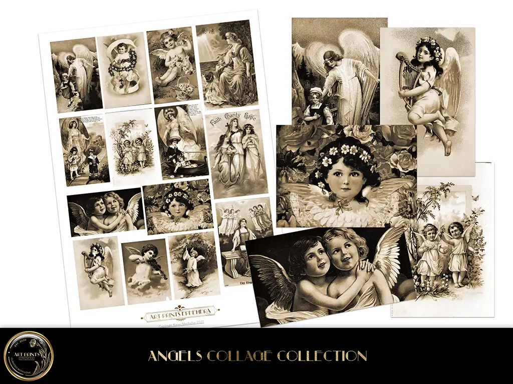 A sepia collage sheet featuring a collection of black-and-white vintage illustrations of angels in various poses and settings. Some images depict angels with children, while others show angelic figures alone. The overall theme is classic and celestial. Text at the bottom reads "Vintage Angels Collage Collection.
