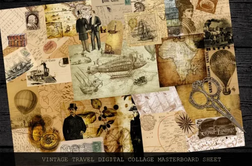 A vintage-themed collage of travel-inspired images, featuring maps, ships, old photos, compasses, hot air balloons, and various historical illustrations. Text at the bottom reads, "Vintage Travel Digital Collage Masterboard Sheet" on a dark wooden background.