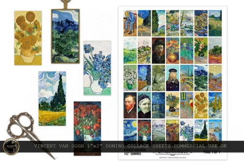 A collection of Vincent Van Gogh miniature art pieces is displayed, including various pendant-sized images featuring his famous works such as sunflowers, starry night, and more. A full sheet with multiple tiny paintings is shown alongside some scissors and a pendant necklace resembling intricate domino tiles.