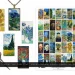 A collection of Vincent Van Gogh miniature art pieces is displayed, including various pendant-sized images featuring his famous works such as sunflowers, starry night, and more. A full sheet with multiple tiny paintings is shown alongside some scissors and a pendant necklace resembling intricate domino tiles.