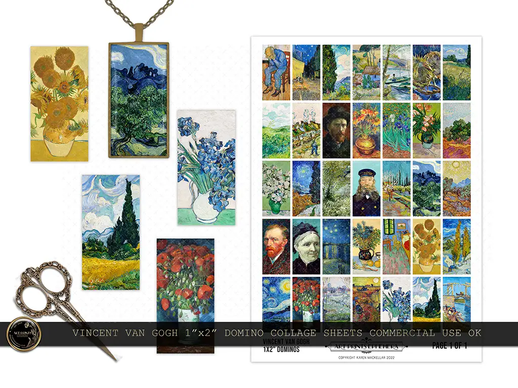 A collection of Vincent Van Gogh miniature art pieces is displayed, including various pendant-sized images featuring his famous works such as sunflowers, starry night, and more. A full sheet with multiple tiny paintings is shown alongside some scissors and a pendant necklace resembling intricate domino tiles.