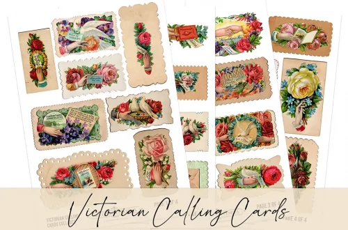 A collection of Victorian-style calling cards displayed on a beige background, featuring floral designs in various colorful arrangements with decorative borders. This set includes both Victorian Collage Sheets and individual calling cards.