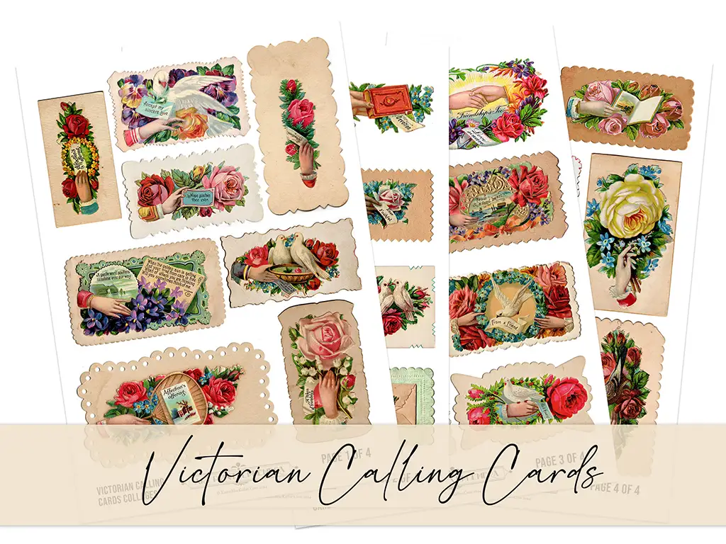 A collection of Victorian-style calling cards displayed on a beige background, featuring floral designs in various colorful arrangements with decorative borders. This set includes both Victorian Collage Sheets and individual calling cards.